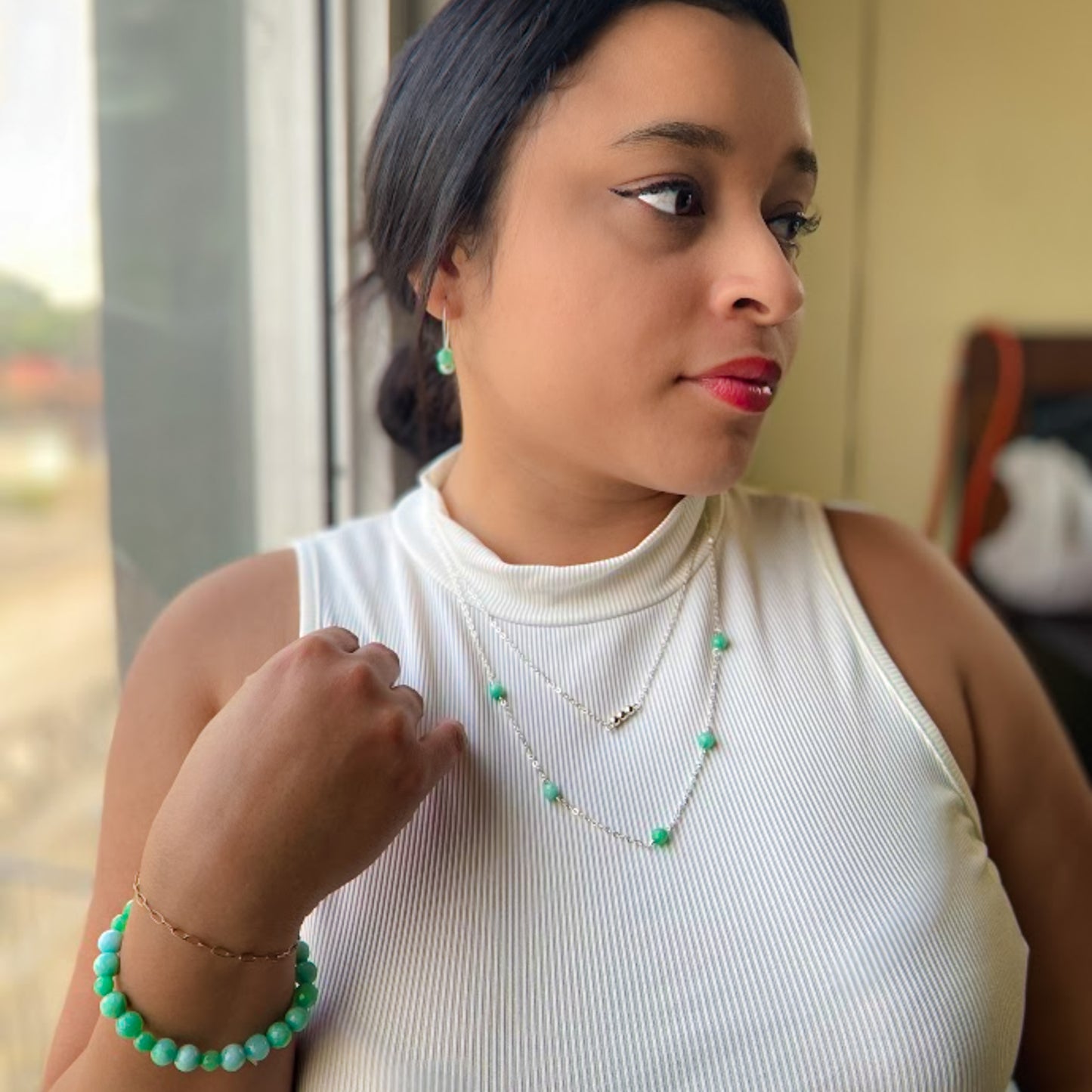 Green agate silver layered jewelry