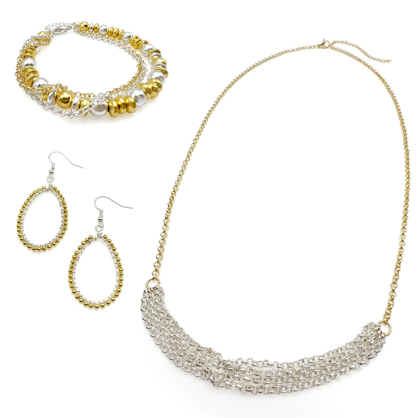 Jewelry set with necklace, bracelet, and earrings on a white background