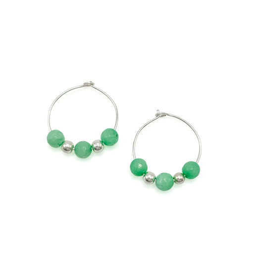 Green agate silver hoop earrings