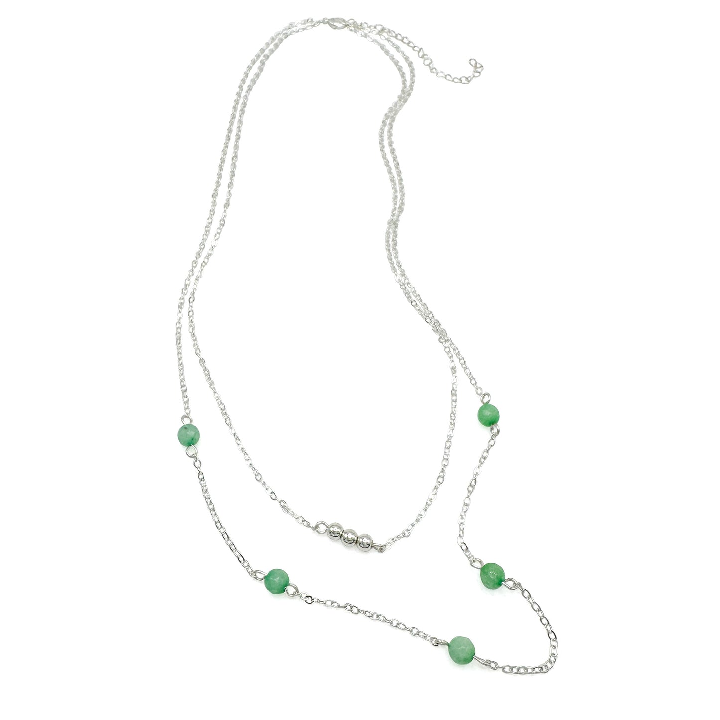 Green agate multi-strand silver necklace