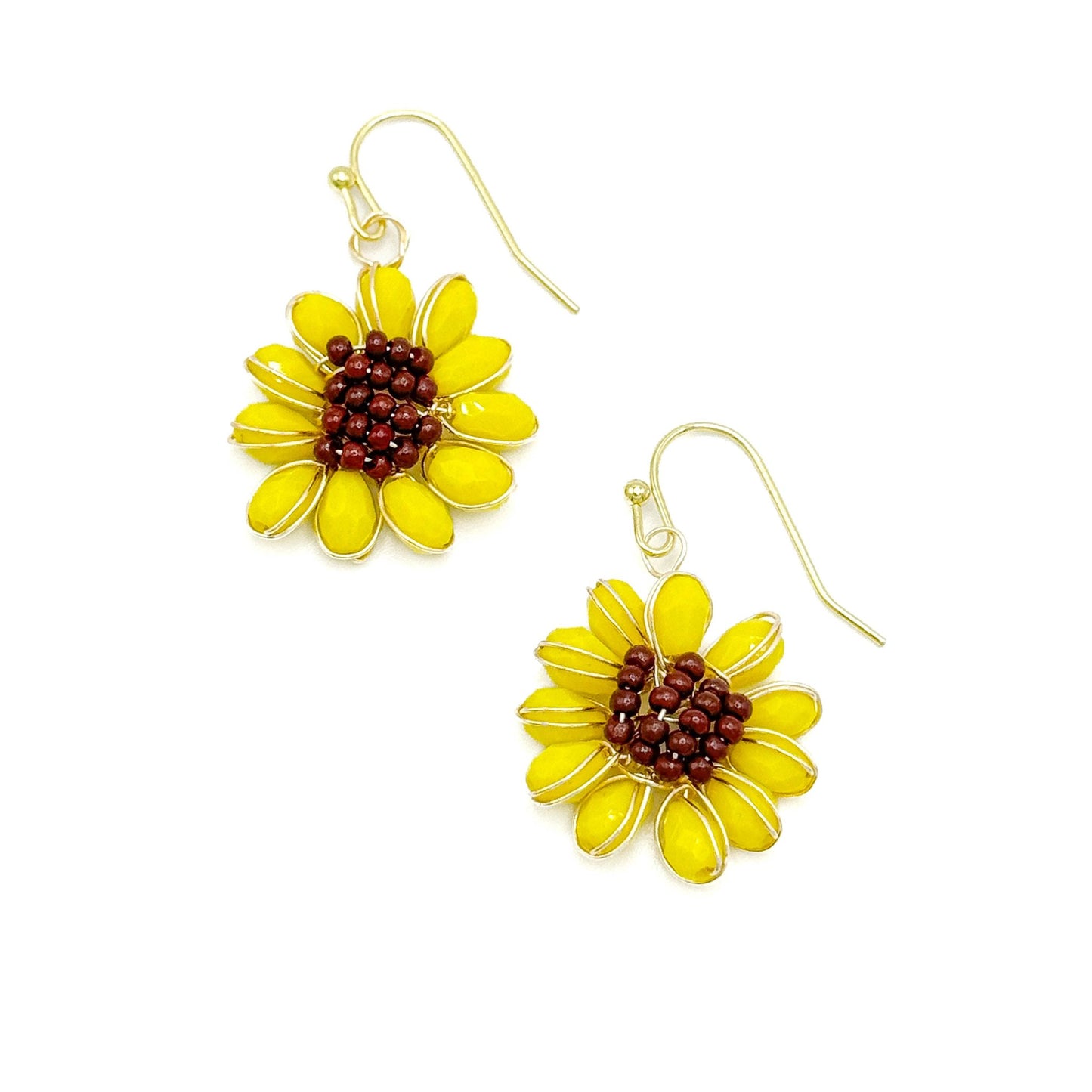 Yellow brown sunflower gold earrings