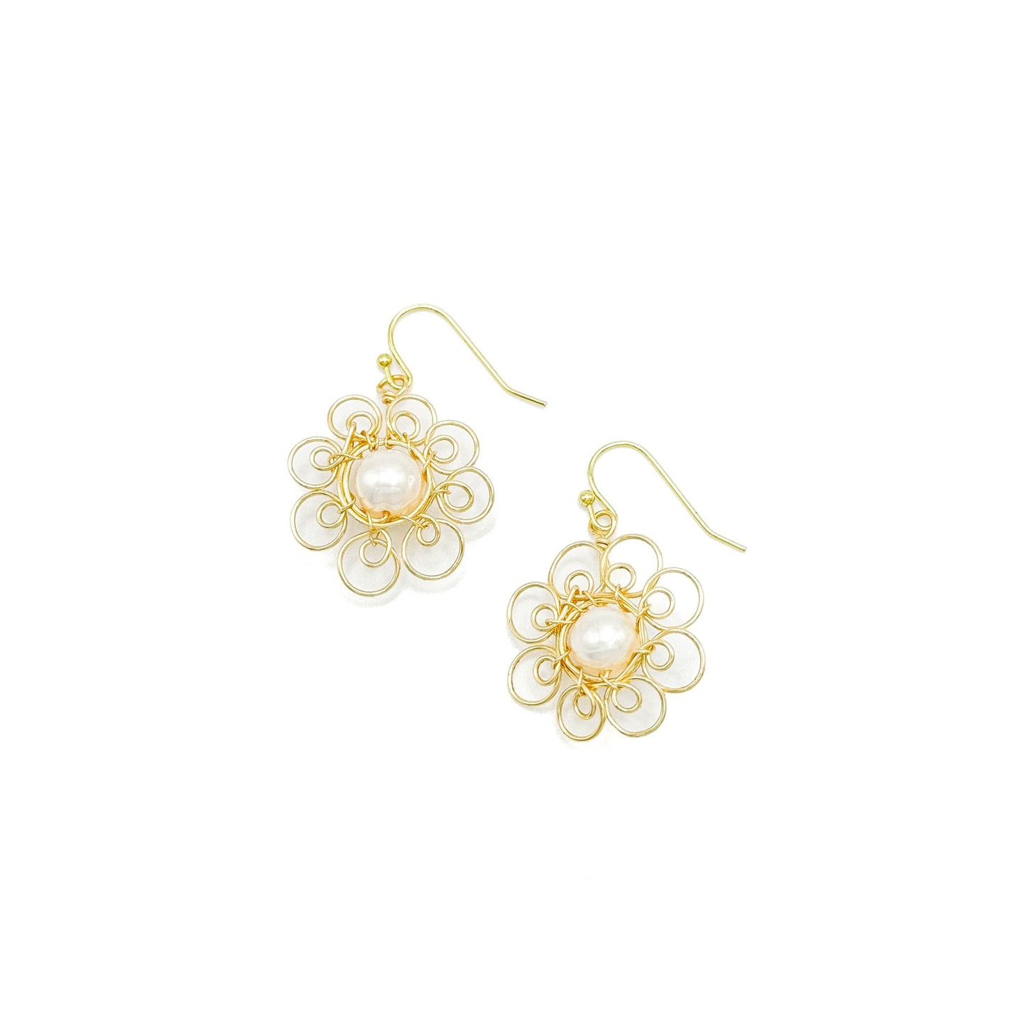 Gold pearl Artisan flower earrings