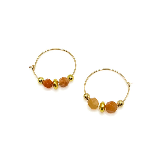 Gold hoop earrings with orange agate and gold beads