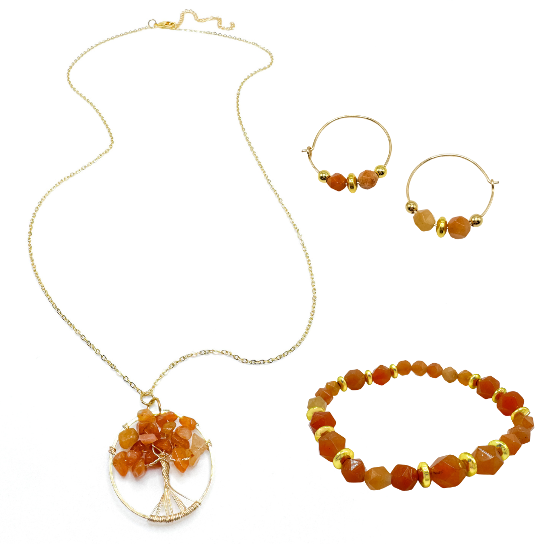 Orange agate and gold chunky jewelry set with tree of life necklace