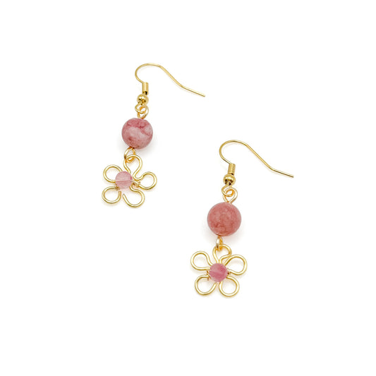 Pink agate gold flower earrings