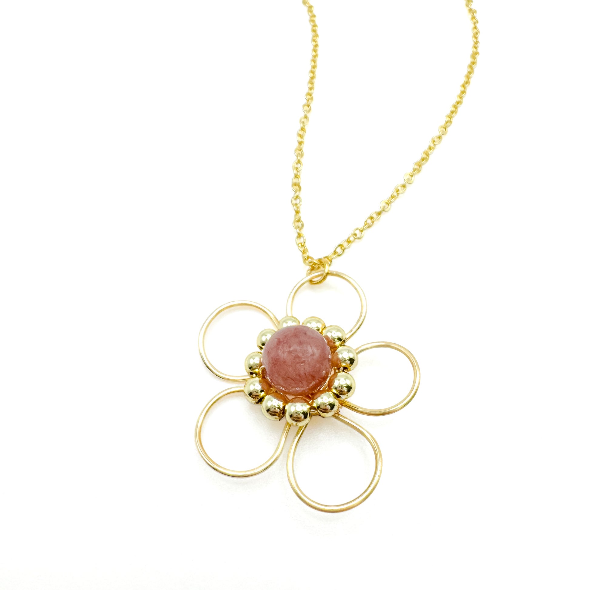 Pink agate gold flower necklace