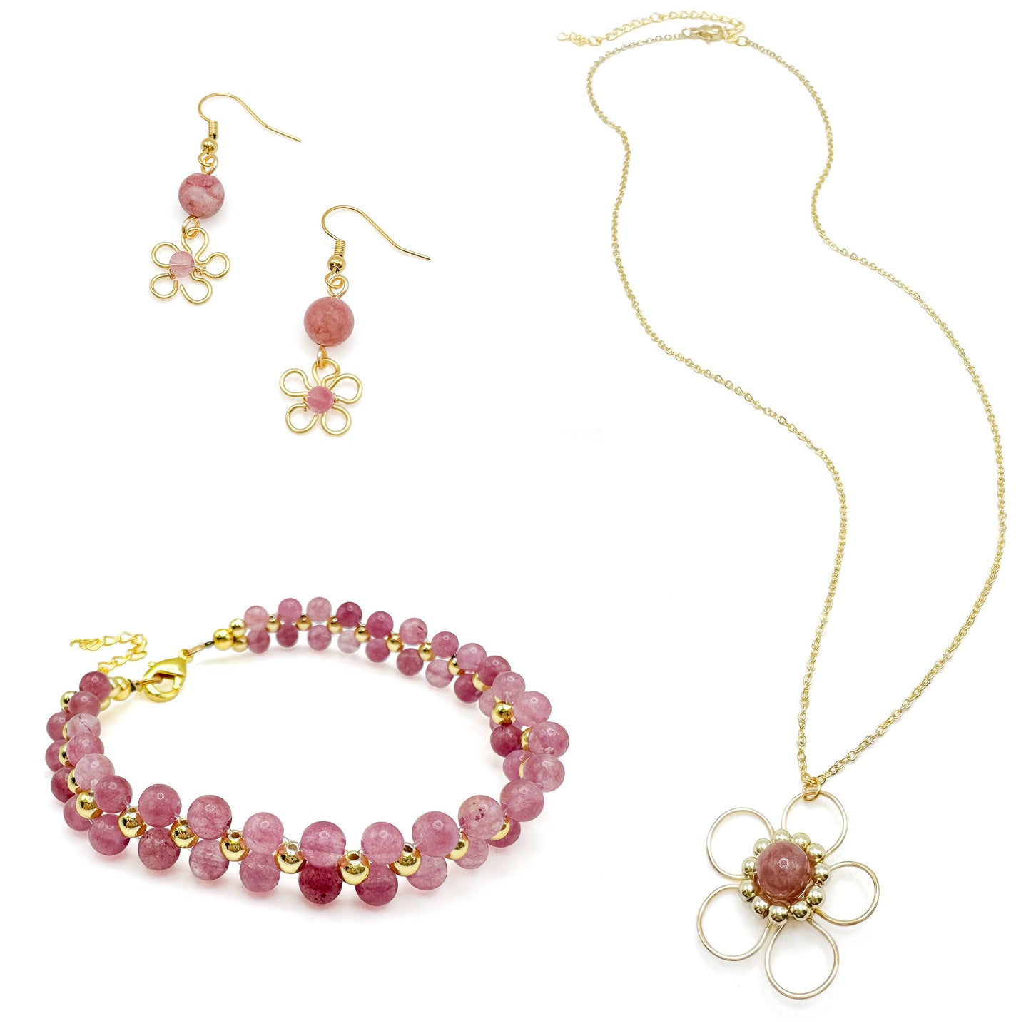 Pink agate gold flower jewelry