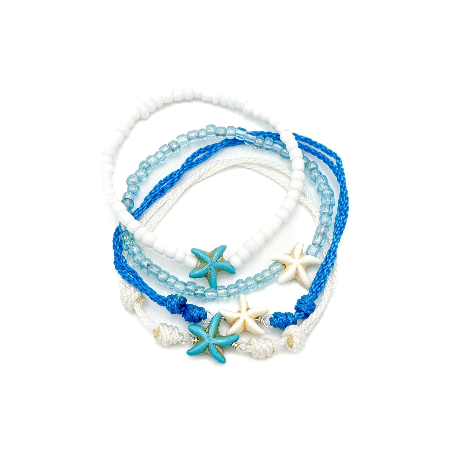 Blue white bracelet anklet set