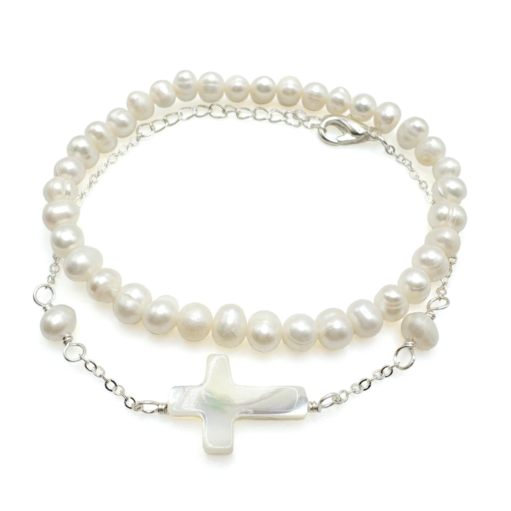 Pearl cross silver bracelet set