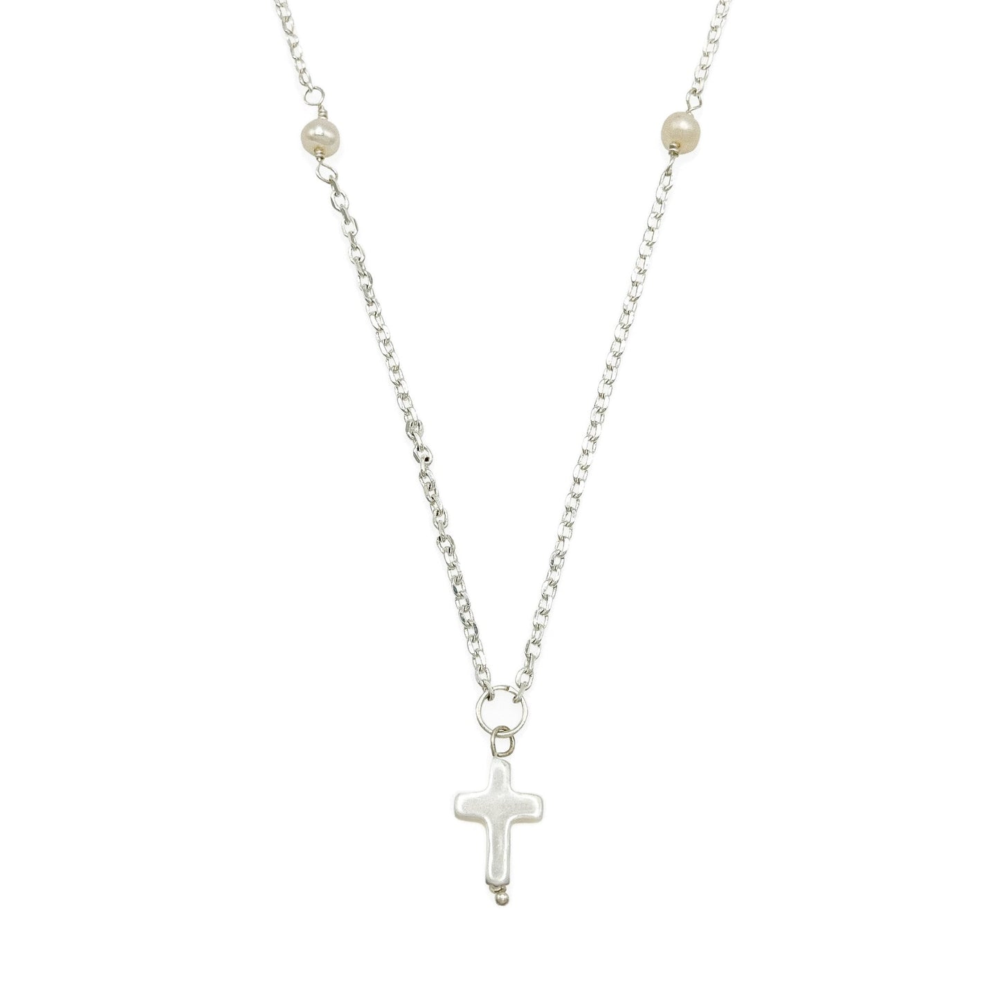 Pearl silver cross Artisan necklace