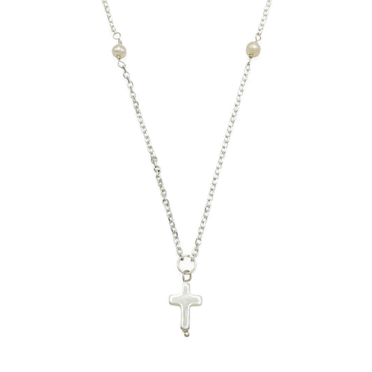 Pearl silver cross Artisan necklace