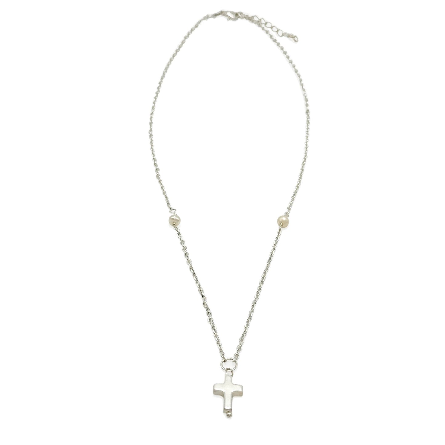 Pearl silver cross Artisan necklace