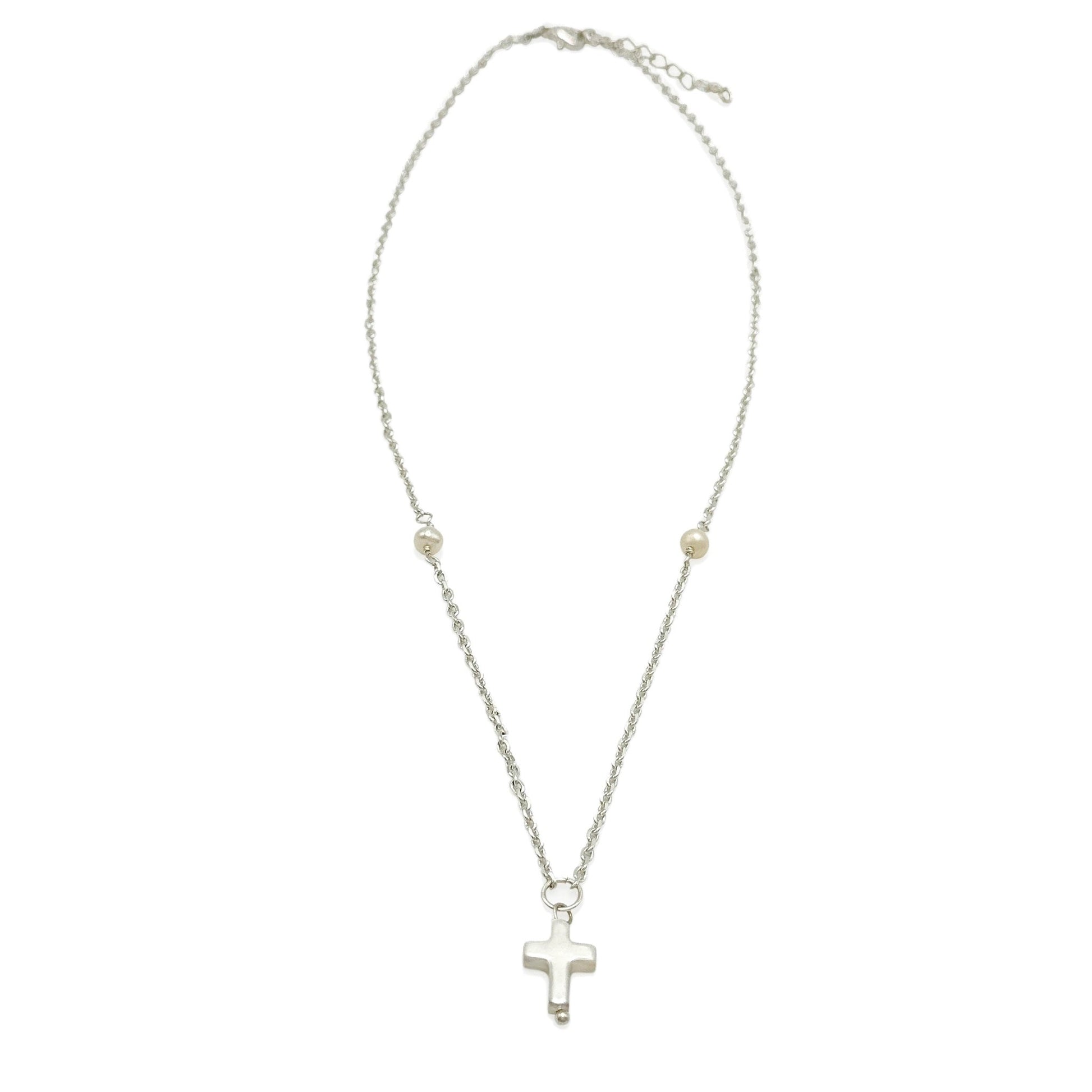 Pearl silver cross Artisan necklace