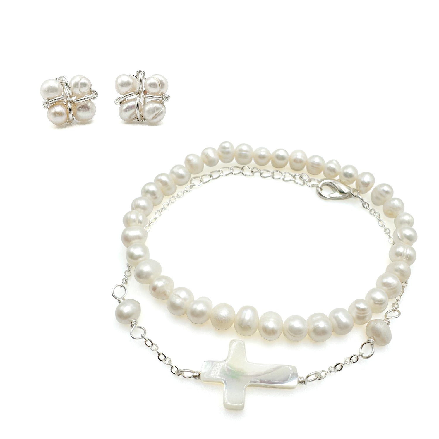 Freshwater pearl silver cross jewelry set