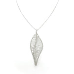Silver long necklace with wire-wrapped leaf pendant