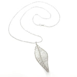 Silver long necklace with wire-wrapped leaf pendant