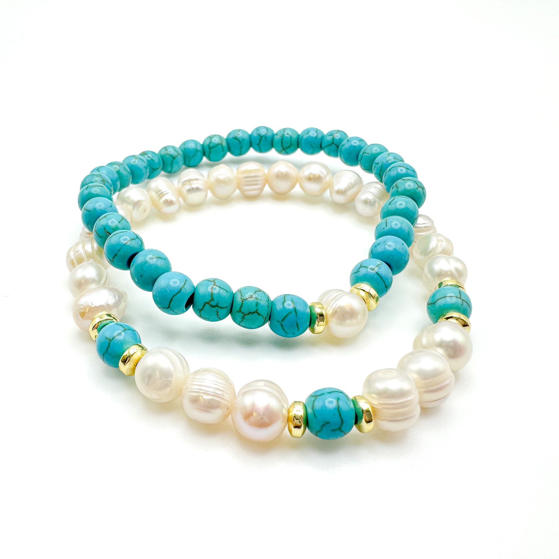 Turquoise pearl gold stretch bracelets