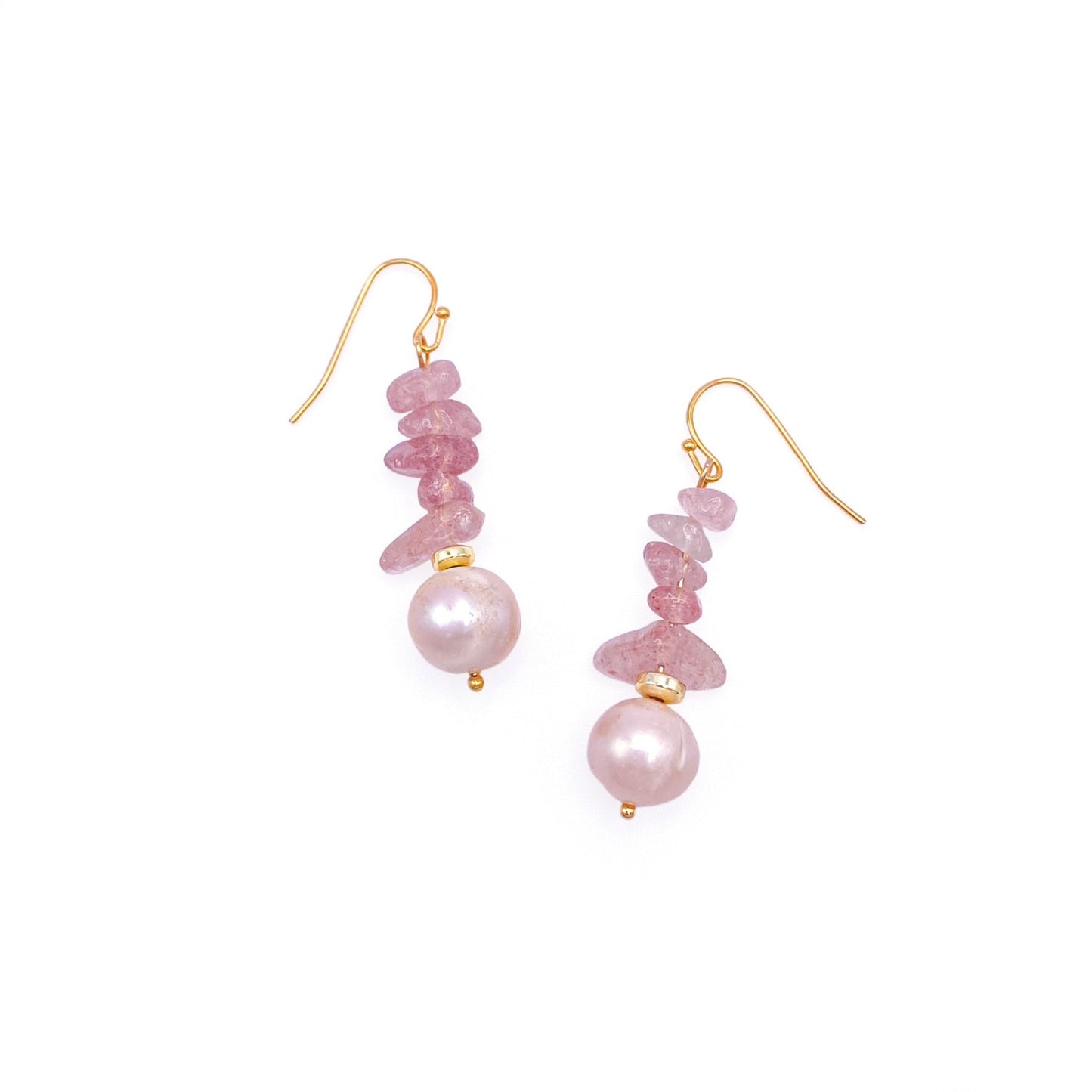 Pink quartz pearl gold earrings