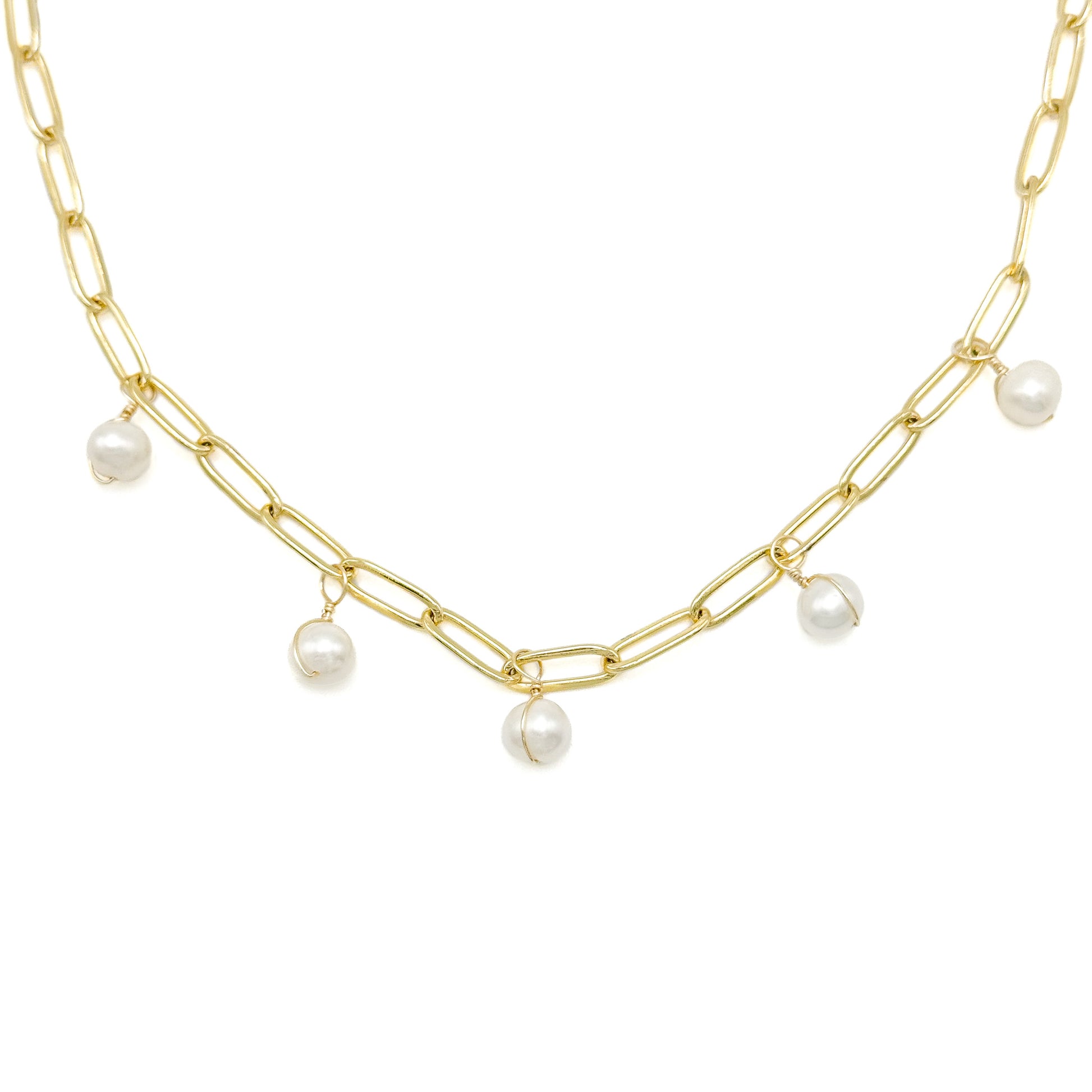 Freshwater pearl gold paperclip necklace