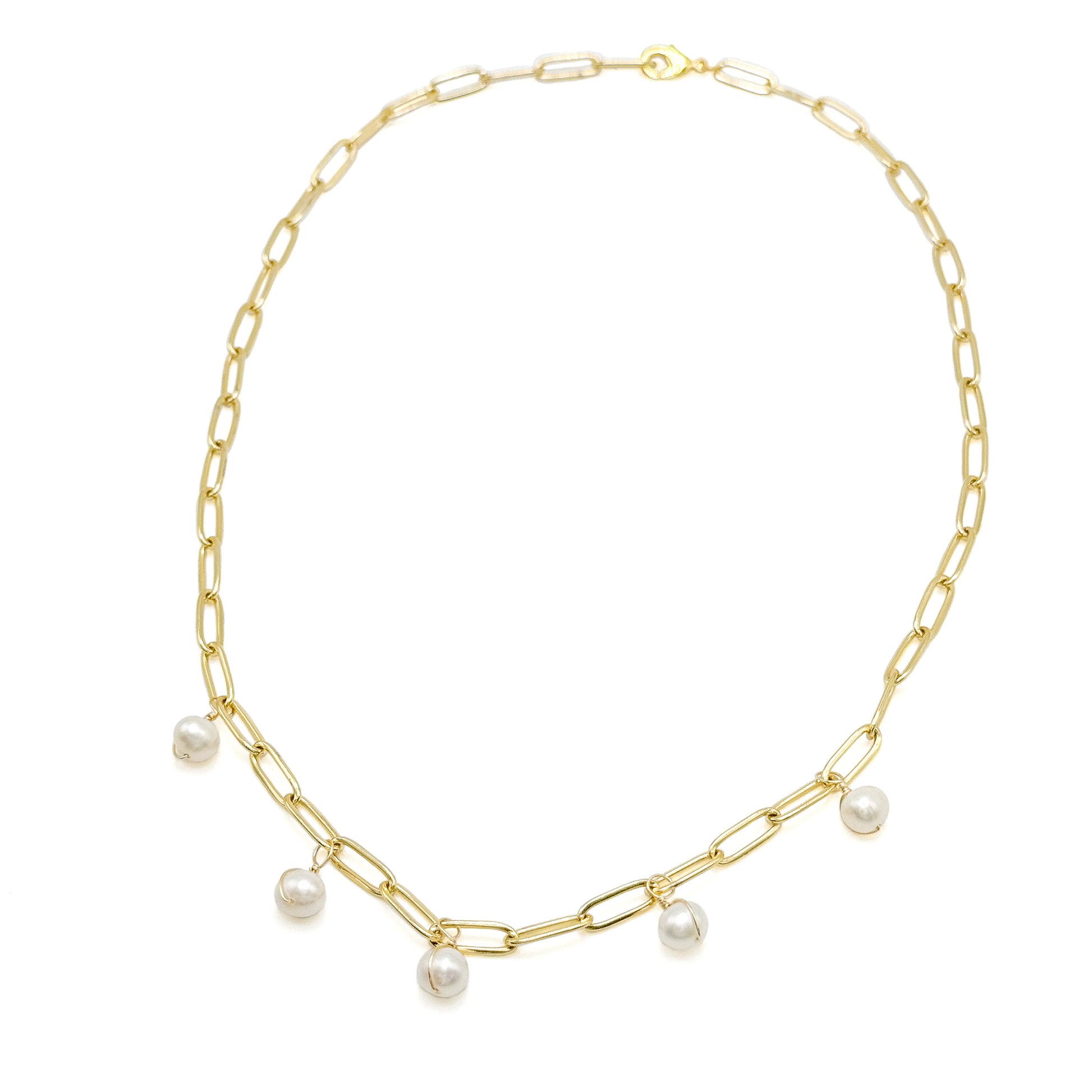 Freshwater pearl gold paperclip necklace