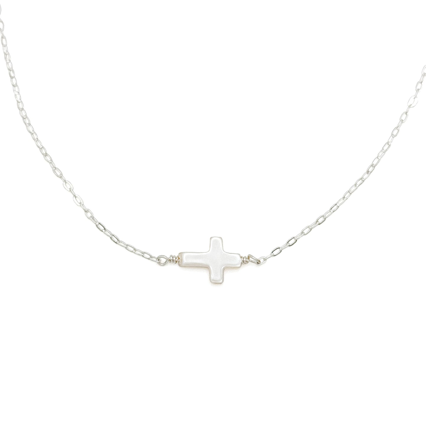 Mother of pearl cross silver necklace