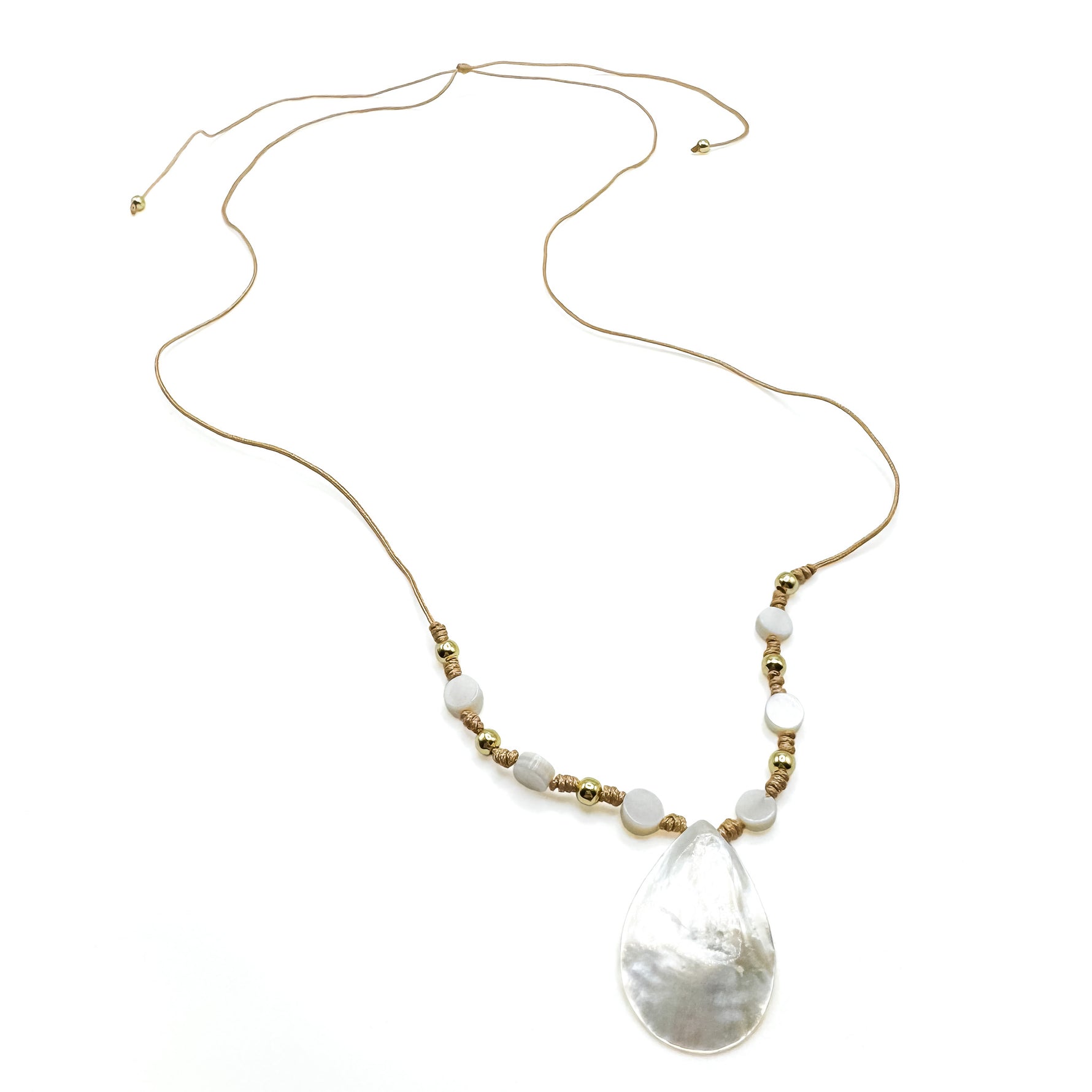 Long adjustable tan cord necklace with gold and mother of pearl beads and teardrop mother of pearl pendant