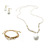 Adjustable tan cord necklace and bracelet with gold and mother of pearl beads and teardrop mother of pearl drop earrings