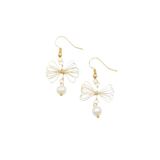 Gold pearl bow Artisan earrings