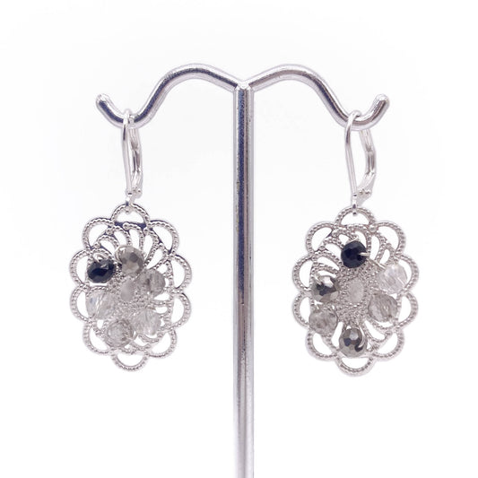 Grey black crystal silver earrings