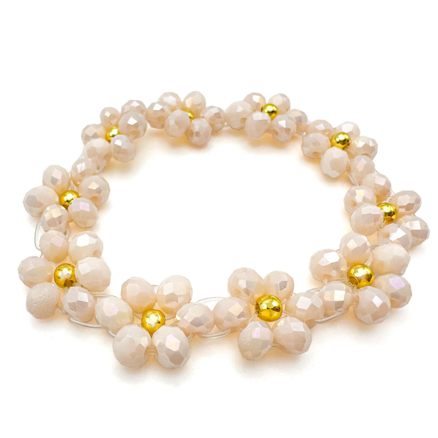 Daisy crystal and gold bead flower stretch bracelet