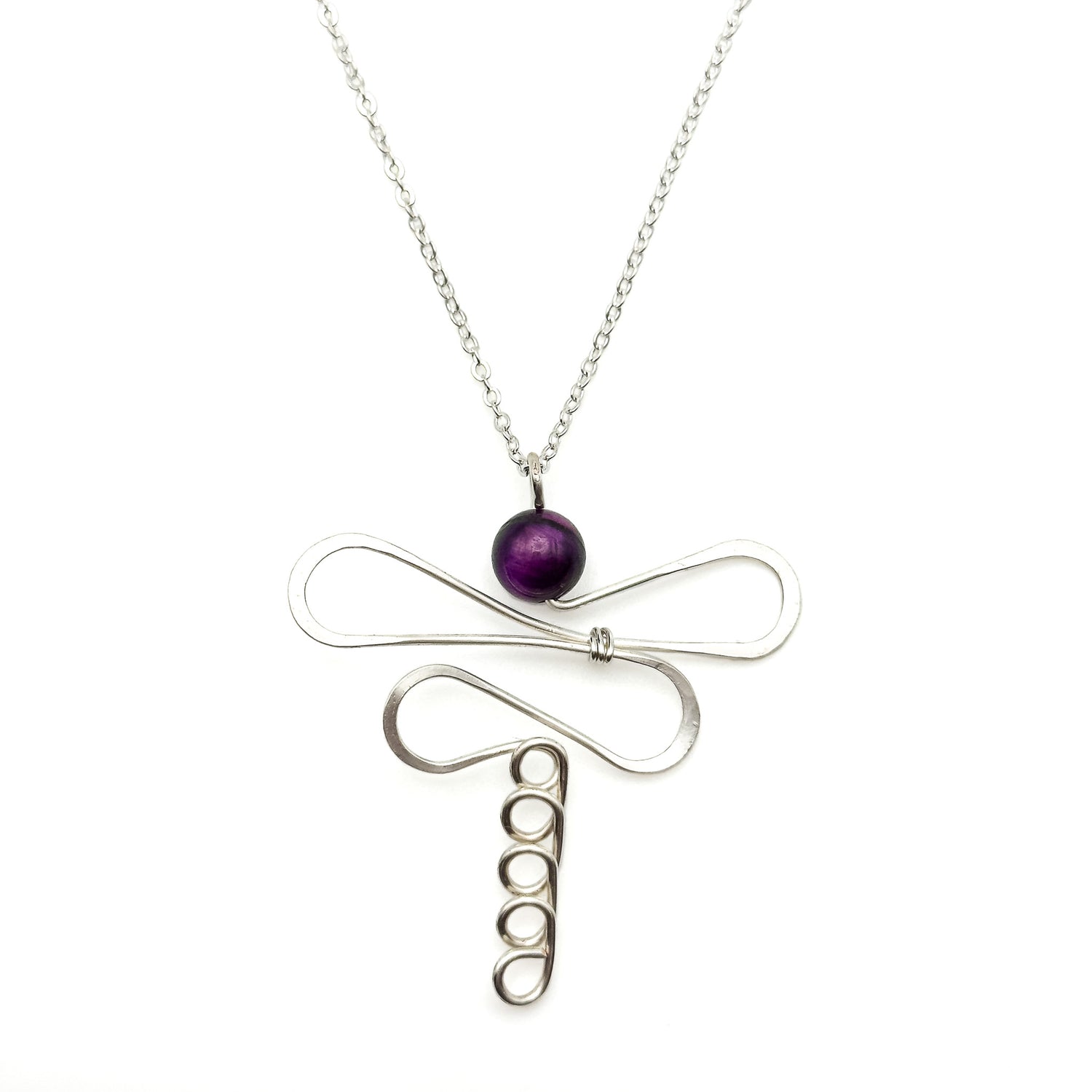 Damsel silver dragonfly and purple tigers eye necklace