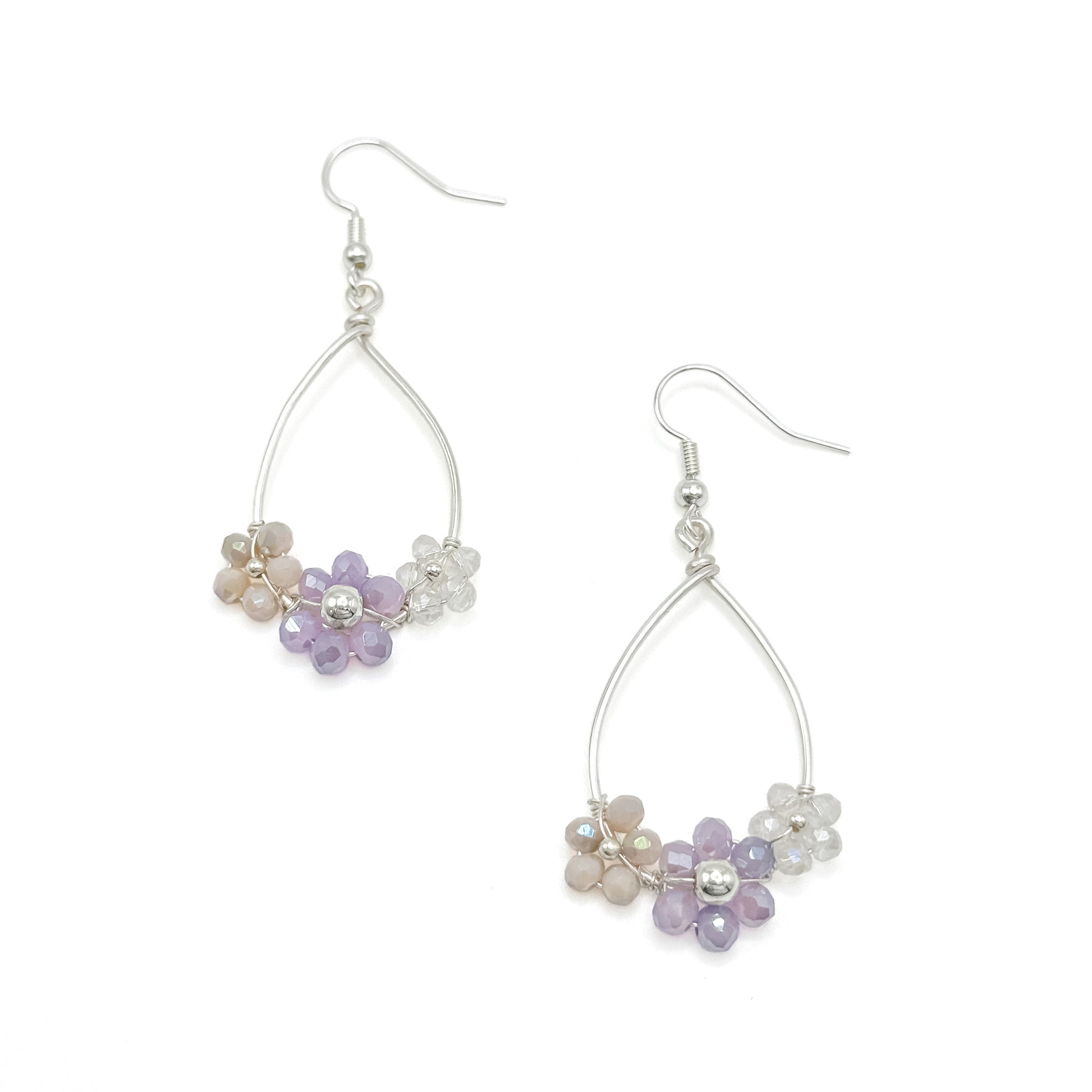 Purple crystal flower silver earrings