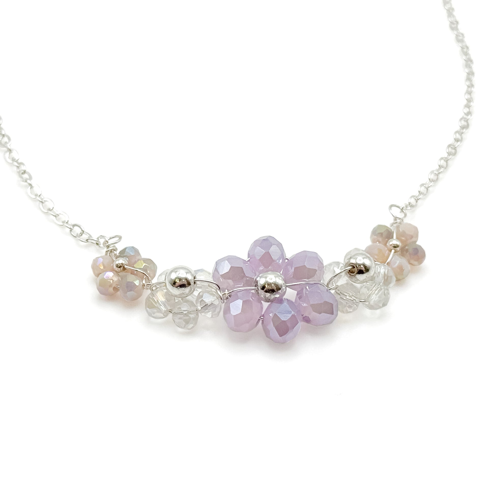 Purple crystal flower silver necklace