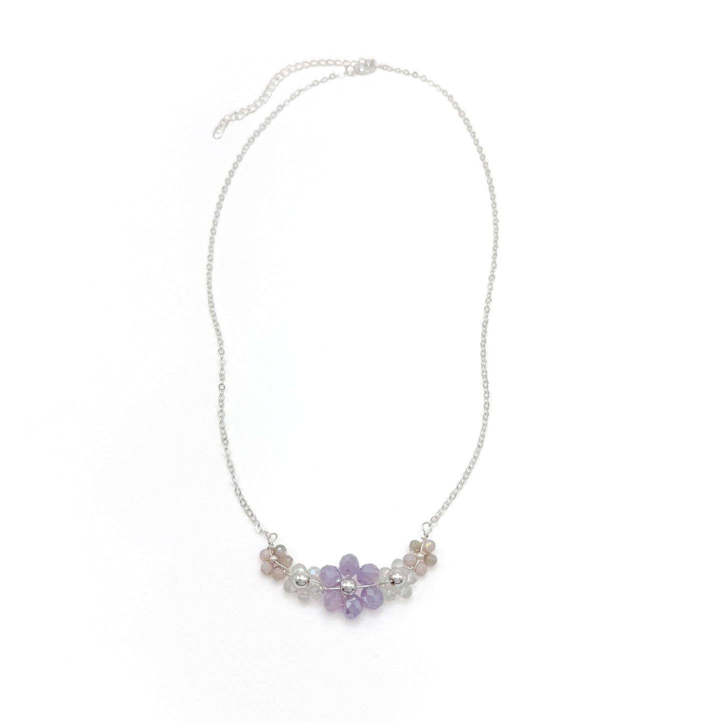 Purple crystal flower silver necklace