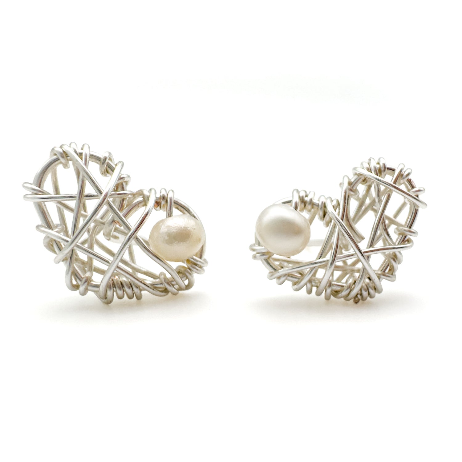 Silver woven heart with pearl stud earrings