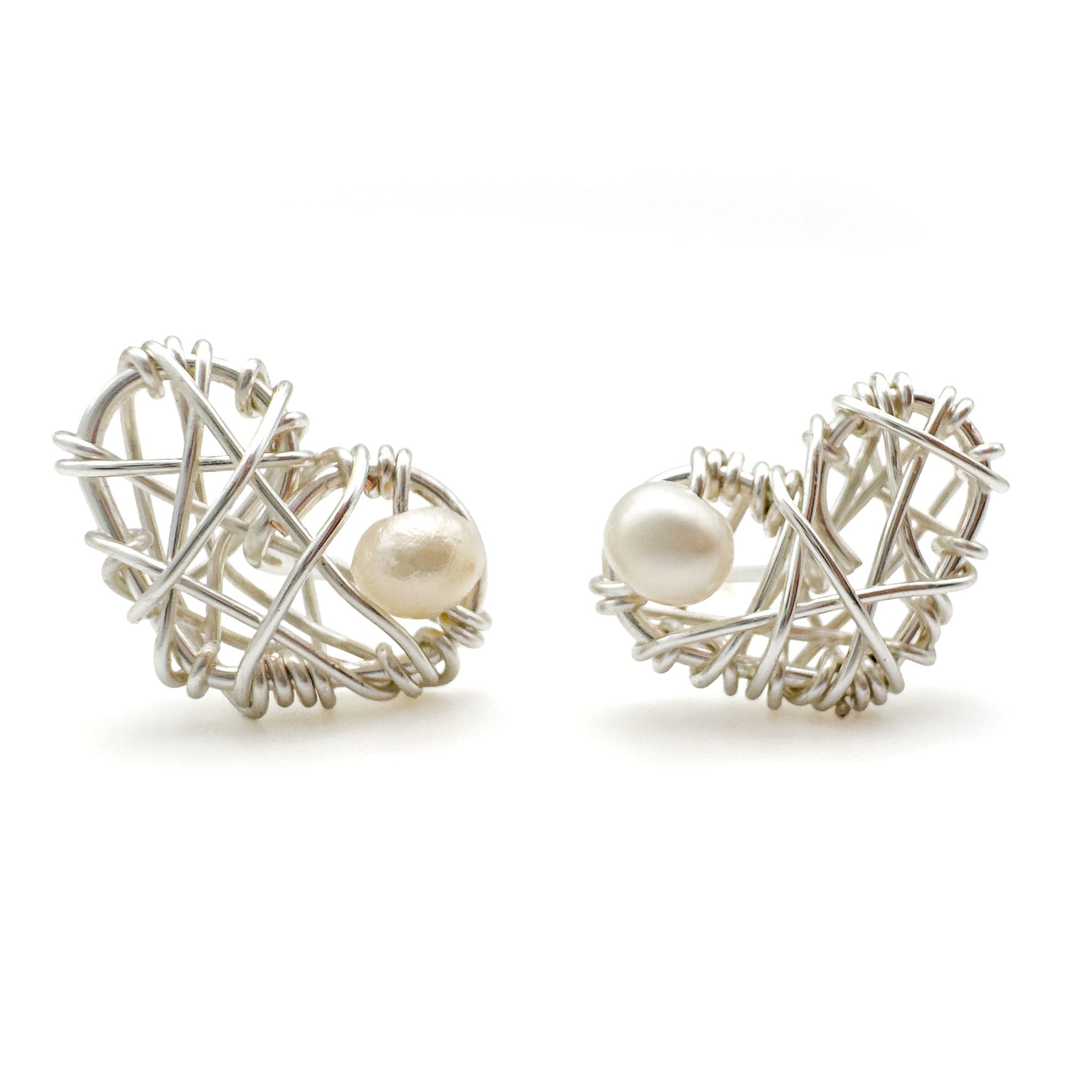 Silver woven heart with pearl stud earrings