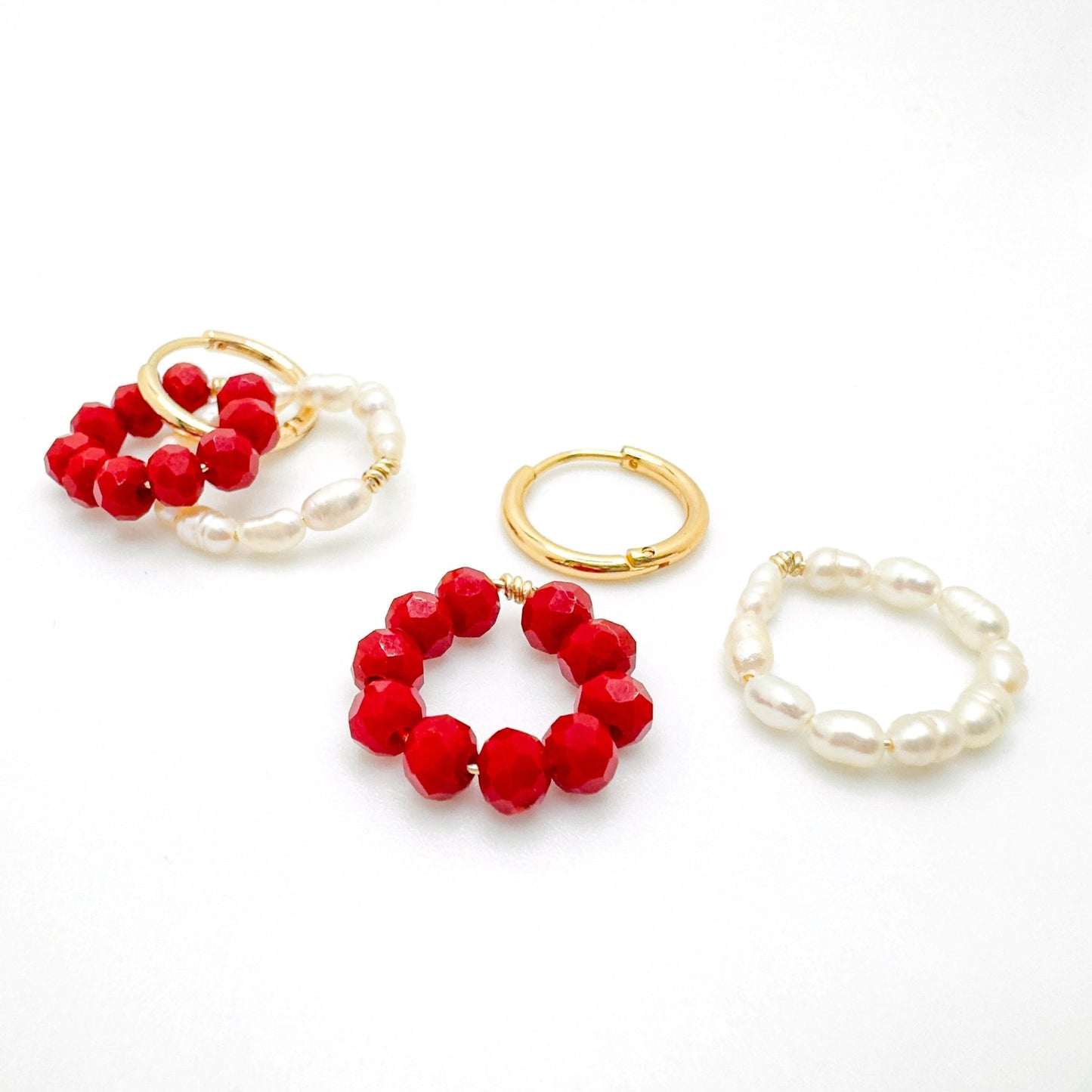 Red pearl gold hoop earrings