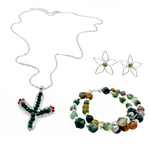 Silver jewelry set including wire flower earrings, green and red blooming cactus pendant necklace, and green and brown agate multi strand bracelet 