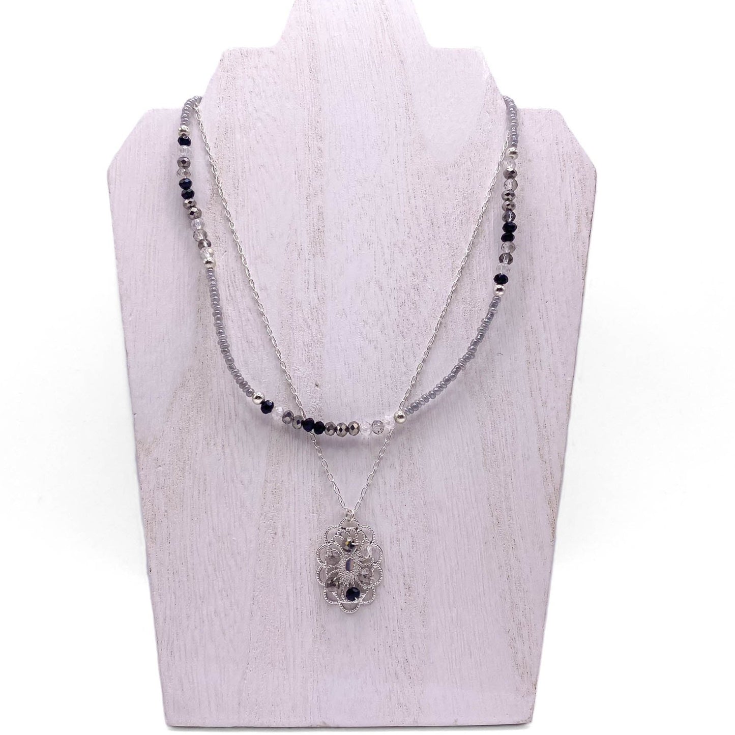 Grey crystal multi-strand silver necklace