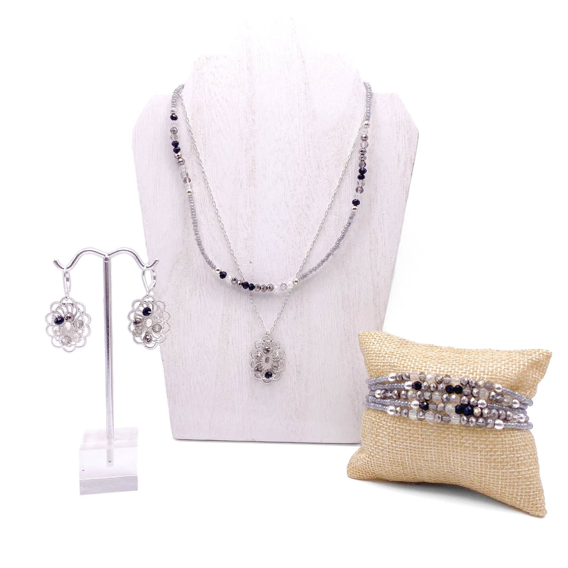 Grey black crystal silver jewelry