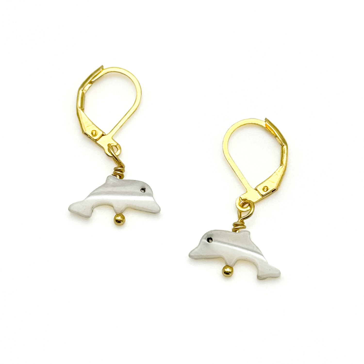 Small mother of pearl dolphin and gold leverback earrings