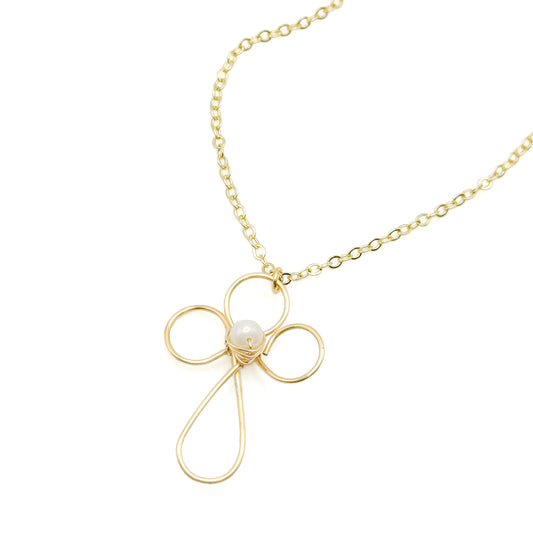 Gold pearl cross Artisan necklace