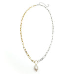 Mixed metal gold silver pearl paperclip chain necklace