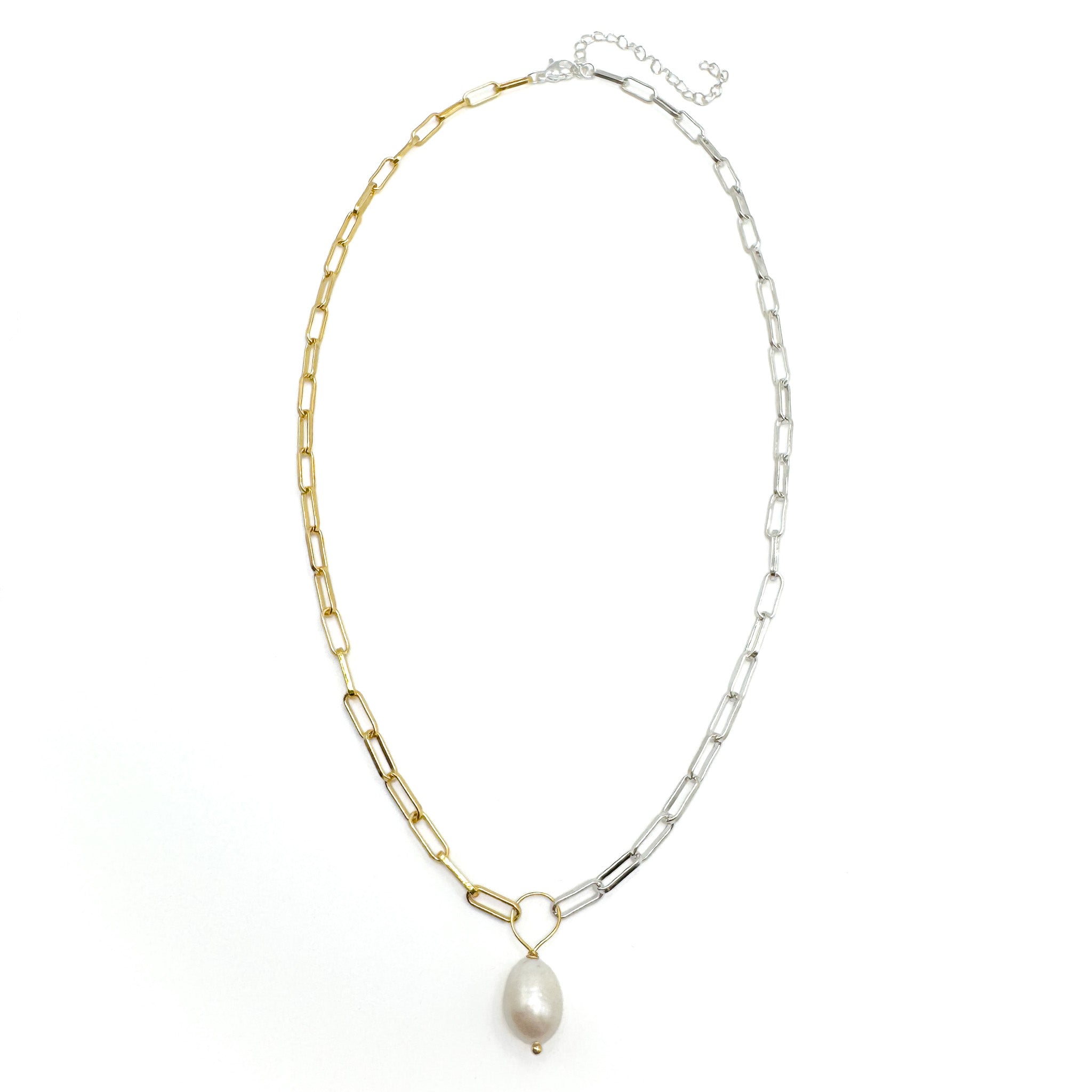 Mixed metal gold silver pearl paperclip chain necklace