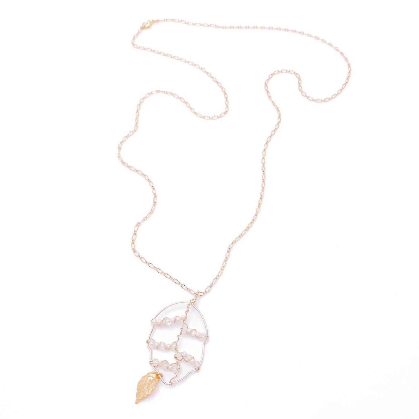 Pearl leaf long gold necklace