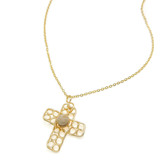 Brown agate gold cross necklace