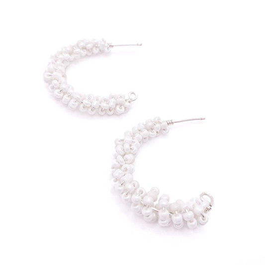 Pearlescent bead silver crescent earrings