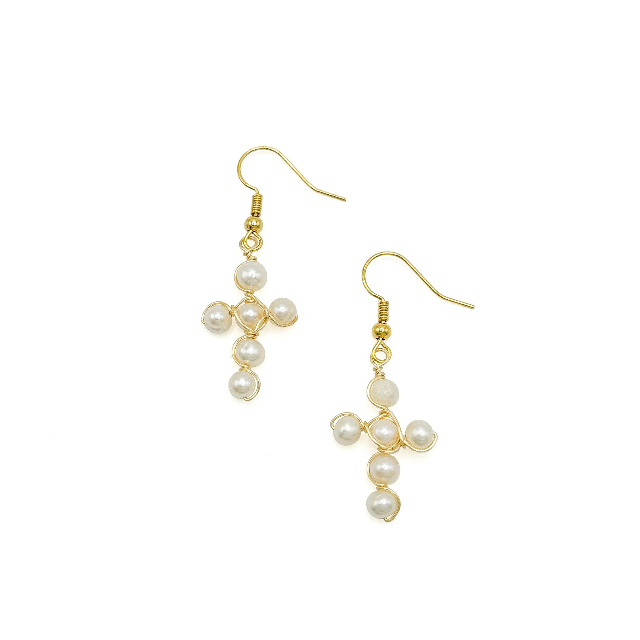 Gold pearl cross earrings