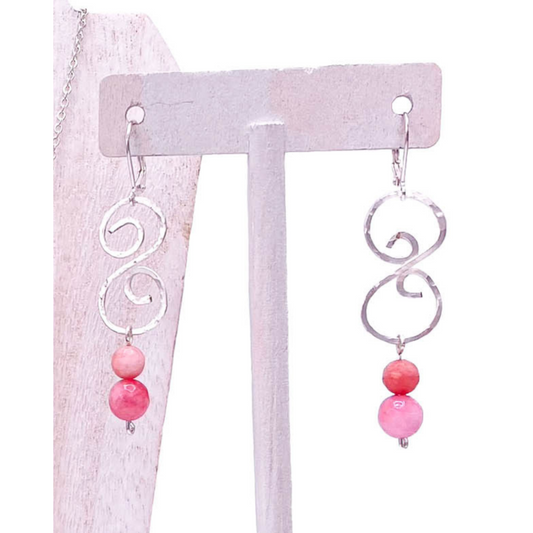 Pink agate silver swirl earrings