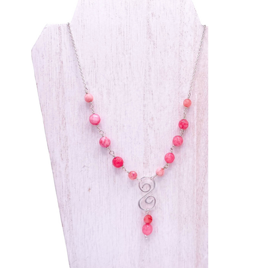 Pink agate silver swirl necklace